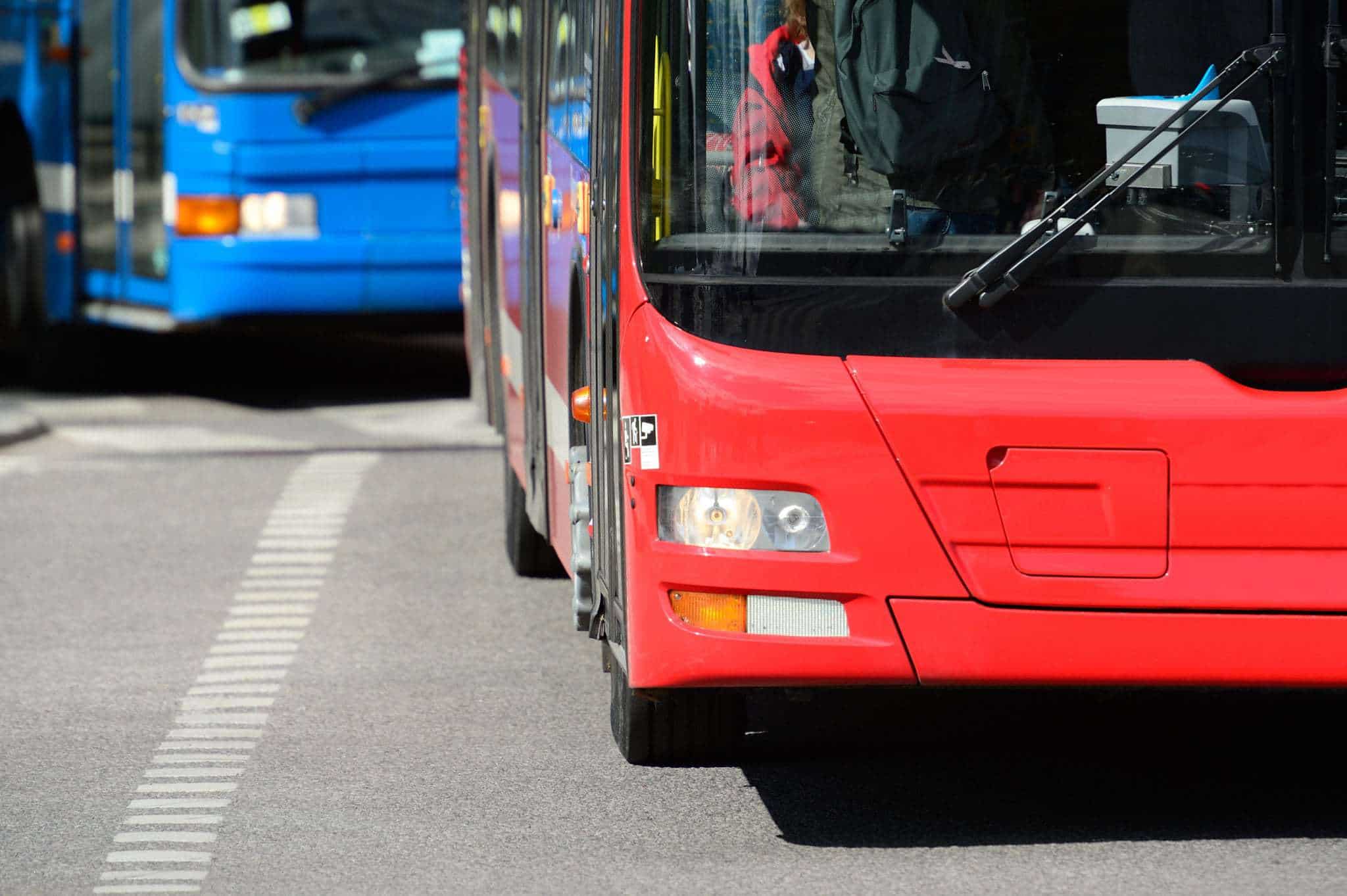 Red and blue city buses driving on a street in daylight.